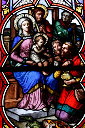 Chambery cathedral. Stained glass window. Nativity. Adoration of the Child Jesus by the three wise men or Magi. France.のeditorial素材