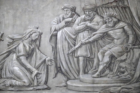 Chambery cathedral. Wall paintings. Esther and the Persian king Ahasuerus. France.のeditorial素材