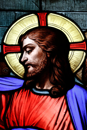 Chambery cathedral. Stained glass window. Jesus. France.のeditorial素材