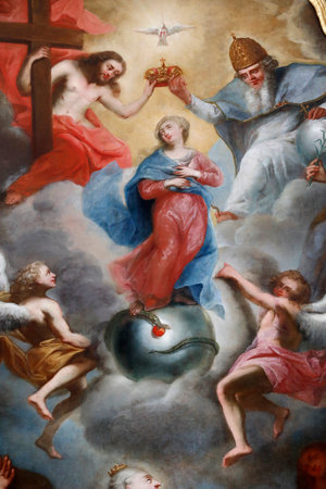 The baroque catholic chapel of the Chattrix. Painting. The coronation of the Virgin by Philippe Christian de Bentum. Saint Nicholas of Veroce. France.のeditorial素材