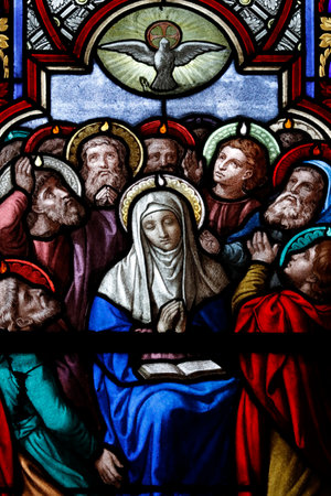 Chambery cathedral. Stained glass window. The Assumption of Mary into Heaven France.のeditorial素材