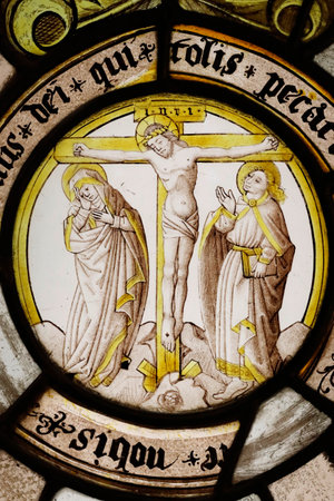 Hospices de Beaune museum. Stained glass window. The crucifixion. 16th century. France.のeditorial素材