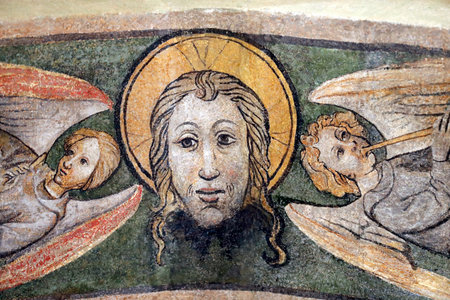 Saint Lazarus (Saint Lazarus) cathedral. Jesus and two angels. Painting. Authun. France.のeditorial素材