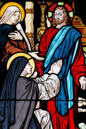 Saint Honore d'Eylau church. Stained glass window. Saint Rose of Lima. Paris. France.のeditorial素材