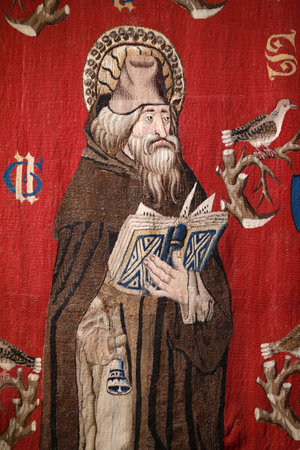 Hospices de Beaune museum. Anthony the Great. Tapestry. Late 15th century. France.のeditorial素材