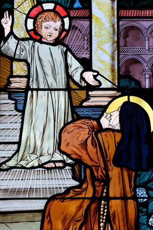 Saint Honore d'Eylau church. Stained glass window. Infant Jesus and Saint Therese of Lisieux. Paris. France.のeditorial素材