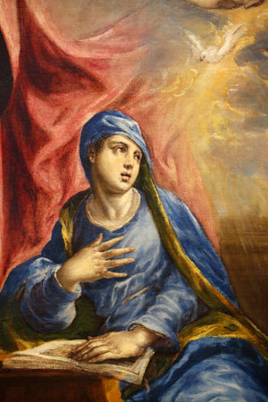 The annunciation. Oil on canvas. Detail. Painting by Domenikos Theotokopoulos called El Greco (1540-1614). France.のeditorial素材