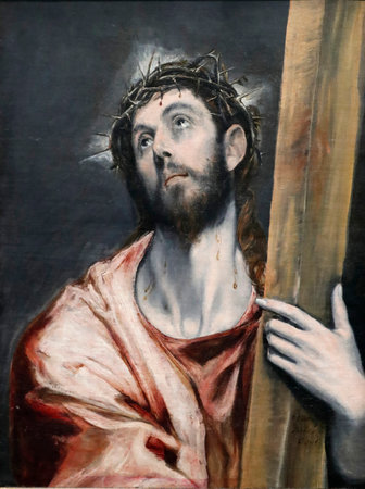 Christ with the cross. Oil on canvas. Detail. Painting by Domenikos Theotokopoulos called El Greco (1540-1614). France.のeditorial素材
