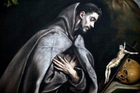 Saint Francis praying. Oil on canvas. Detail. Painting by Domenikos Theotokopoulos called El Greco (1540-1614). France.のeditorial素材