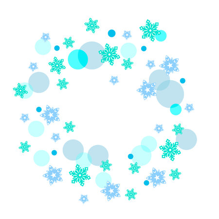 Round Christmas background with random scatter falling colorful snowflakes on white background.のイラスト素材