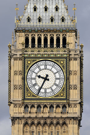 Detail of Big Ben, the Great Clock of Westminster, designed by Augustus Pugin. Set in an iron frame...