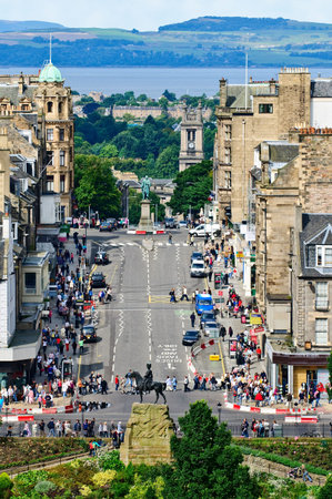 Frederick Street, Edinburgh, Scotland, with the statue commemorating the Royal Scots Greys' departure for the South African War in 1899, a statue of William Pitt the younger, St Stephen's Church, and looking across the Firth of Forth to Fife.の写真素材