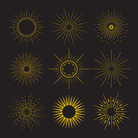 9 Art deco vintage sunbursts collection with geometric shape, light ray. Set of vintage sunbursts in different shapes. Vectorのイラスト素材