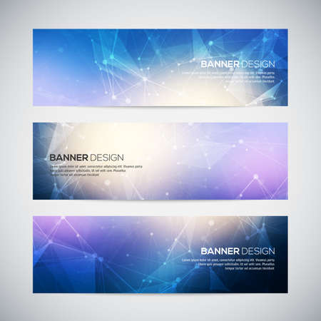 Vector banners set with polygonal abstract shapes, with circles, lines, triangles. Abstract polygonal low poly banners with connecting dots and lines. Connection structure. Vector science background.