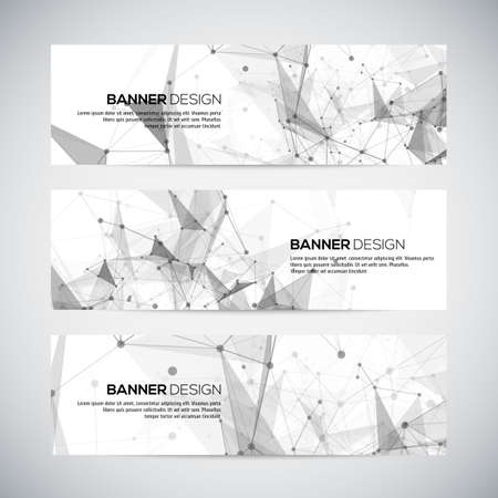 Vector banners set with polygonal abstract shapes, with circles, lines, triangles. Vector