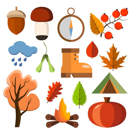Flat forest icon set. Autumn forest flat icons. Simple and cute icons for your design. Vector design.のイラスト素材