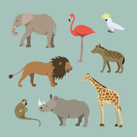 Vector Set Of Different African Animals. Animals of the African savanah lioness, elephant,...