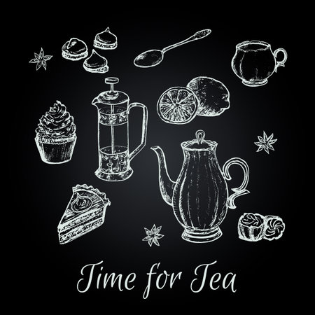 Hand draw tea party vector illustration. Tea background with cakes and some sweets. Afternoon tea vector illustration.のイラスト素材