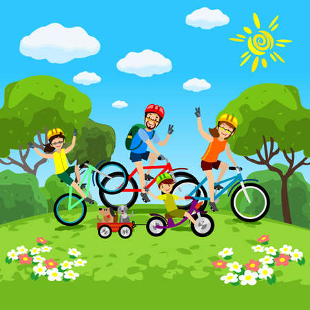 Family with kids concept of cycling in the park. Happy family riding bikes. The family in the park on bicycles. Vectorのイラスト素材