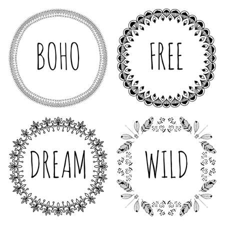 Set of Boho Style Frames and hand drawn elements. Set of Ornamental Boho Style Elements.のイラスト素材