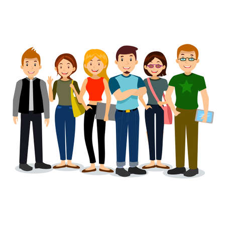 Set of diverse college or university students. Vector group of students. Cartoon vector illustration of students.のイラスト素材