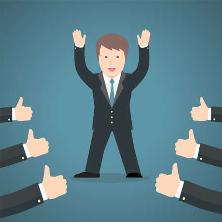 Successful businessman acknowledging many thumbs up around him. Conceptual design for success and achievement.のイラスト素材