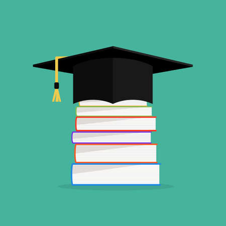 Academic books with hat on they. Graduation cap with books concept design.のイラスト素材