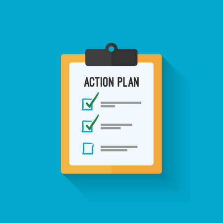 Action plan clipboard icon design over a blue background. Board goal check list icon.のイラスト素材
