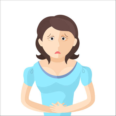 Woman have an abdominal pain. Character in Flat style vector illustrationのイラスト素材