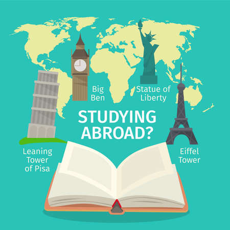 Abroad studying foreign languages concept. Colorful travel flat style illustration.のイラスト素材