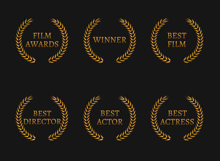 Film academy awards winners and best nominee gold wreaths on black background. Vector illustrationのイラスト素材