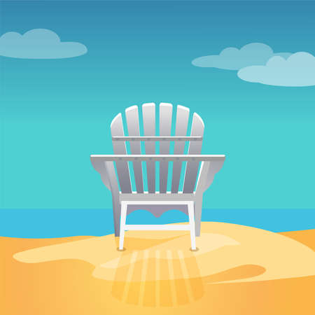 Adirondack chair on the sea beach standing on the yellow sand under the blue cloudy sky, Vector flat illustrationのイラスト素材