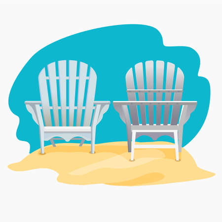 Adirondack chair standing on the yellow sand under the blue sky, Vector flat illustrationのイラスト素材