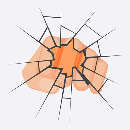 Kicking fist is breaking the glass is symbol of aggression, vector colorful flat illustrationのイラスト素材