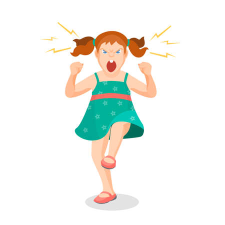Girl full of anger is shouting something with aggression, vector colorful flat illustrationのイラスト素材