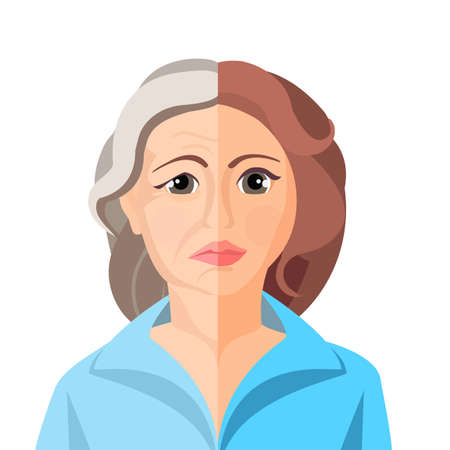 Aging concept portarait showing the process of aging from young to senior, colorful vector flat illustrationのイラスト素材