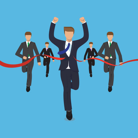 Ahead the competition concept, man is victoriously running ahead of his rivals, colorful vector flat illustrationのイラスト素材