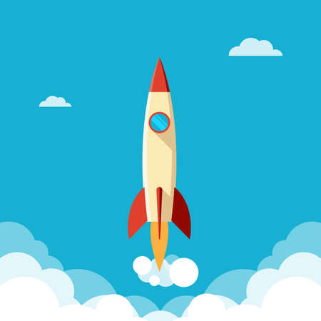 Ahead concept, rapid fly of the rocket in a cloudy sky, colorful vector flat illustrationのイラスト素材