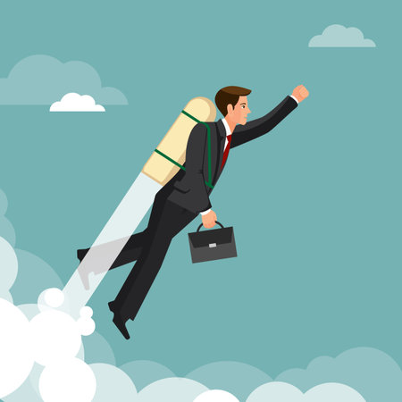Ahead concept, man is victoriously flying with the rocket ahead of all rivals, colorful vector flat illustrationのイラスト素材