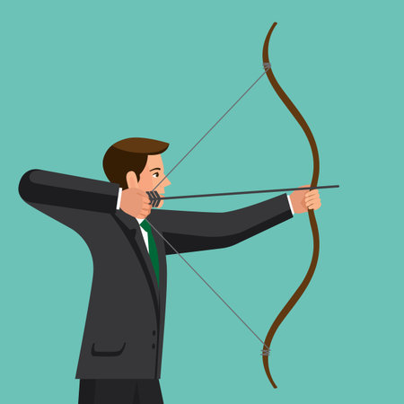 Aiming concept. The man is shooting arrow out. Colorful vector flat illustration