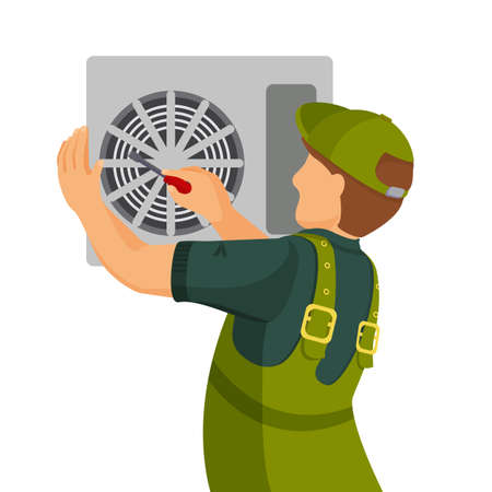 Air conditioner unit repair and installing concept. Colorful vector flat illustration.のイラスト素材