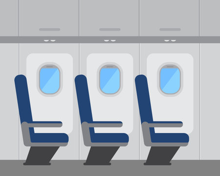 Aircraft interior with windows and seats, colorful flat vector illustrationのイラスト素材