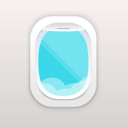 Aircraft window with cloudy blue sky outside. Colorful vector flat illustrationのイラスト素材