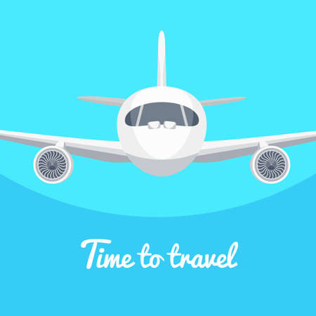 Aircraft with wide wings is flying in blue sky. Colorful flat vector illustration.のイラスト素材