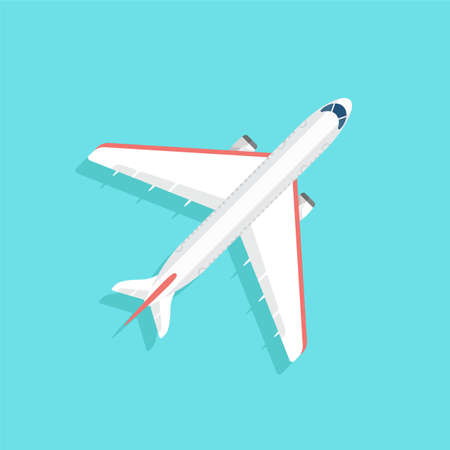 Aircraft with wide wings is flying in blue sky. Colorful flat vector illustration.のイラスト素材