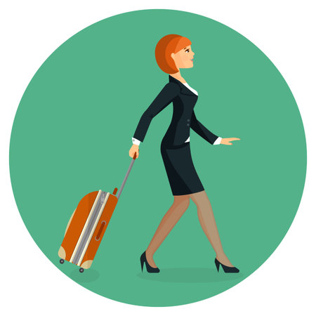 Woman with suitcase is going in airport terminal. Colorful vector flat illustration.のイラスト素材