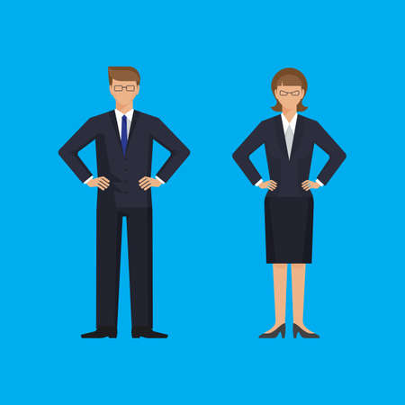 Man and woman are standing holding arms akimbo. Colorful vector flat illustration.のイラスト素材