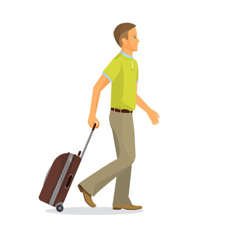 Man with suitcase is going in airport terminal. Colorful vector flat illustration.のイラスト素材