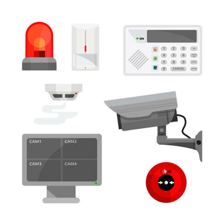 Set of different security system devices illustrations, vector, colorful, flat, illustrationのイラスト素材