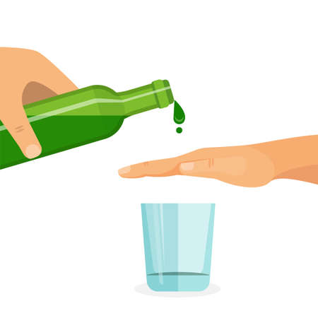 Alcohol abuse concept. Hand prevents filling the glass with drink. Colorful vector flat illustration.のイラスト素材